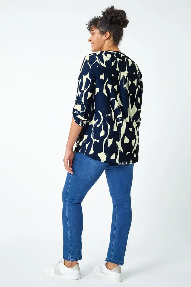 Women Curve Abstract Print VNeck Jersey Tunic Top Roman Tops
