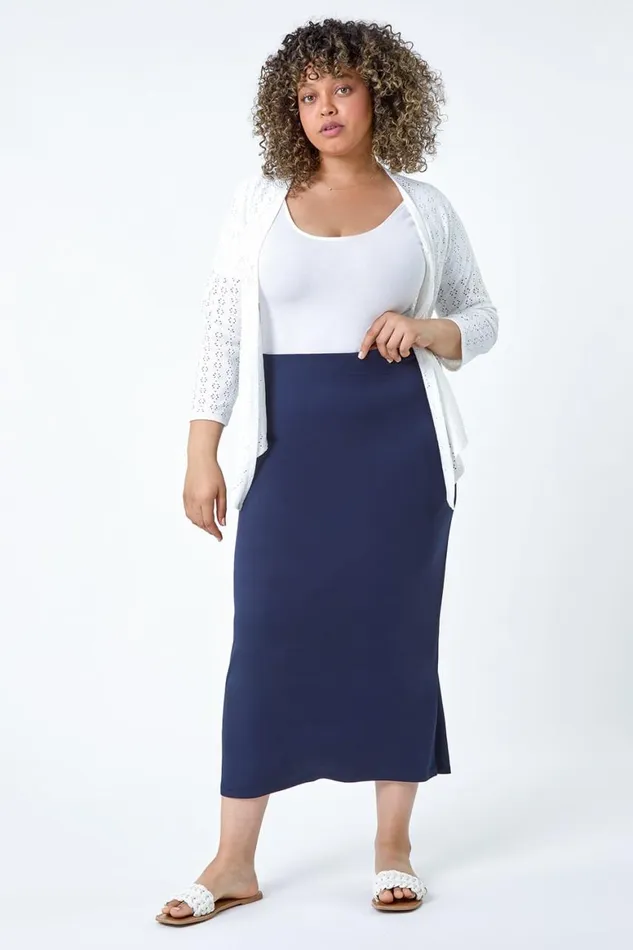 Women Curve Elastic Waist Stretch A Line Midi Skirt Roman Skirts