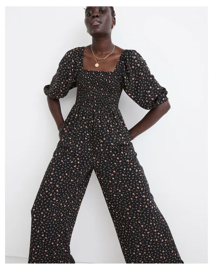 Women Curvy Lucie Smocked Wide Leg Jumpsuit In Stem Scatter True Black Madewell Jumpsuits and Overalls Women Curvy Lucie Smocked Wide Leg Jumpsuit In Stem Scatter True Black Madewell Jumpsuits and Overalls