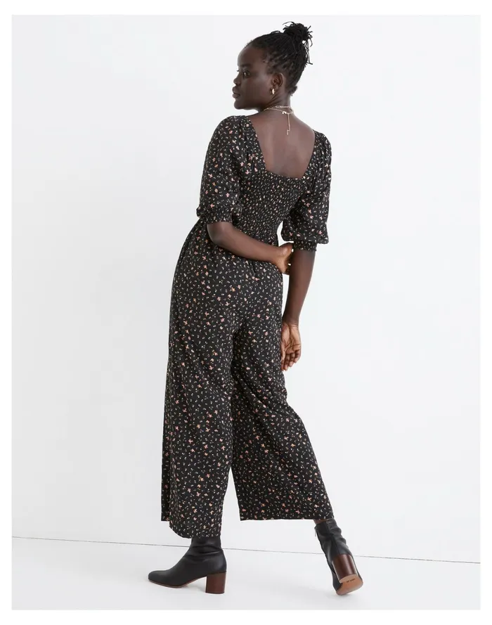 Women Curvy Lucie Smocked Wide Leg Jumpsuit In Stem Scatter True Black Madewell Jumpsuits and Overalls Women Curvy Lucie Smocked Wide Leg Jumpsuit In Stem Scatter True Black Madewell Jumpsuits and Overalls