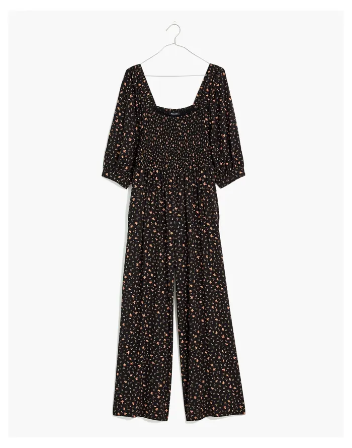 Women Curvy Lucie Smocked Wide Leg Jumpsuit In Stem Scatter True Black Madewell Jumpsuits and Overalls Women Curvy Lucie Smocked Wide Leg Jumpsuit In Stem Scatter True Black Madewell Jumpsuits and Overalls