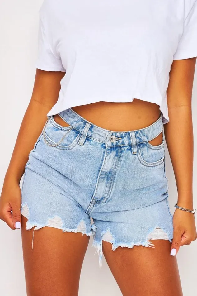 Women Cut Out Frayed Hem Denim Short In Light Blue Bleuclair Brentiny Paris Shorts