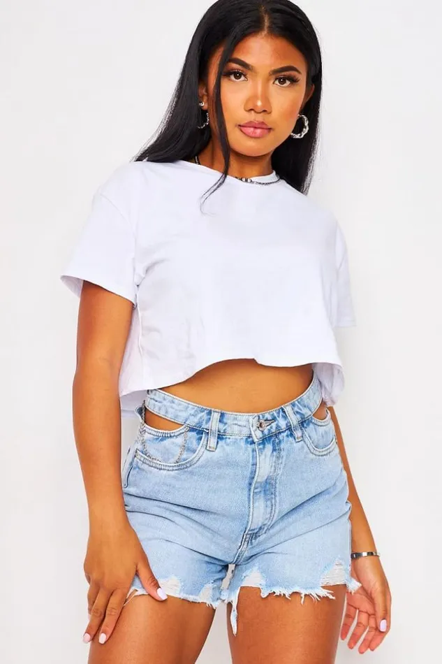 Women Cut Out Frayed Hem Denim Short In Light Blue Bleuclair Brentiny Paris Shorts