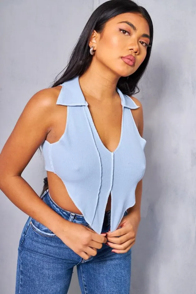 Women Dbardeur Bleu Col Polo Coutures Apparentes Blue Brentiny Paris Top And Tank Tops
