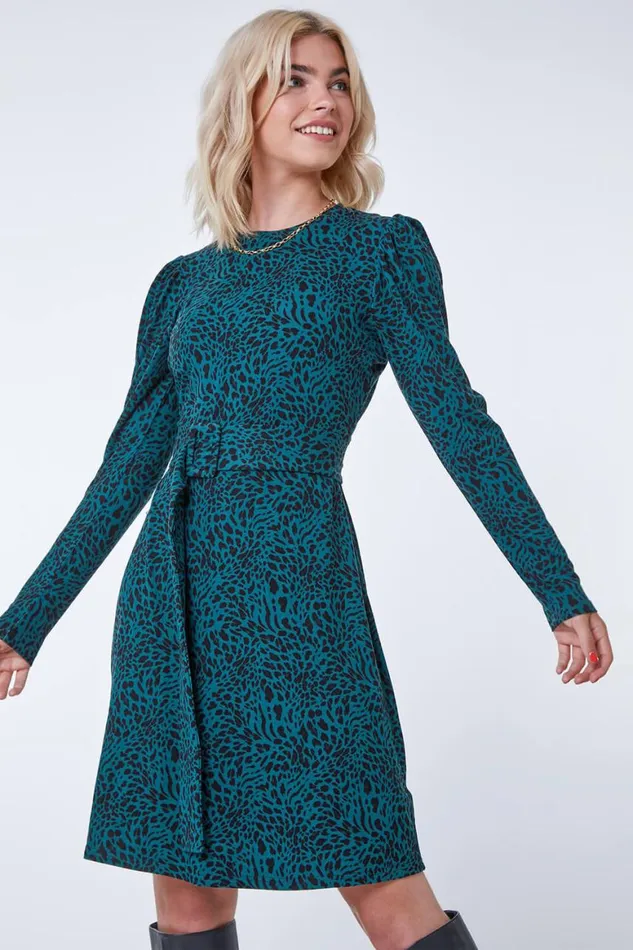 Women Dark Green Leopard Print Belted Fit and Flare Dress Roman Dresses