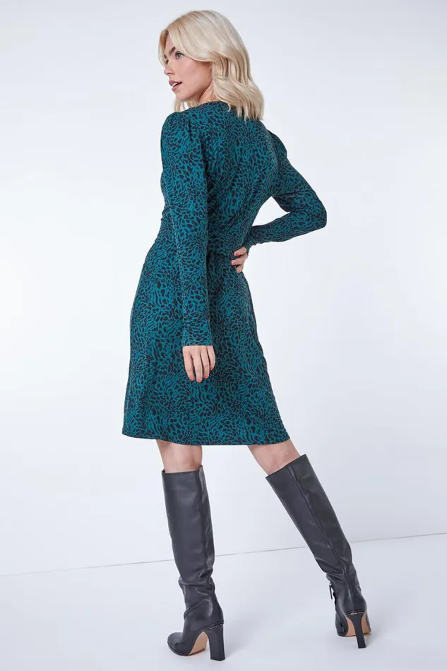Women Dark Green Leopard Print Belted Fit and Flare Dress Roman Dresses
