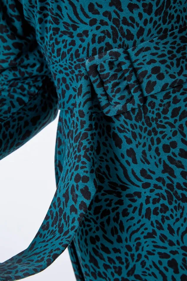Women Dark Green Leopard Print Belted Fit and Flare Dress Roman Dresses