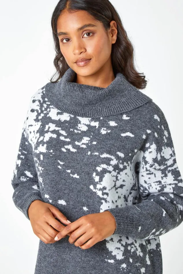 Women Dark Grey Abstract Print Cowl Neck Jumper Dress Roman Dresses
