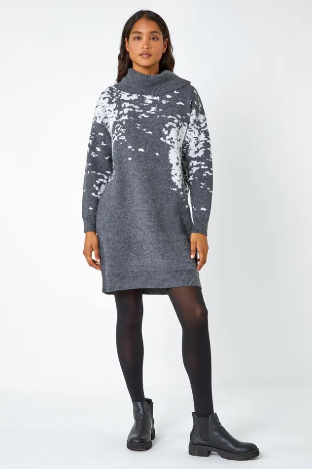 Women Dark Grey Abstract Print Cowl Neck Jumper Dress Roman Dresses