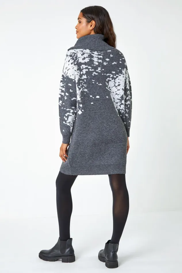 Women Dark Grey Abstract Print Cowl Neck Jumper Dress Roman Dresses
