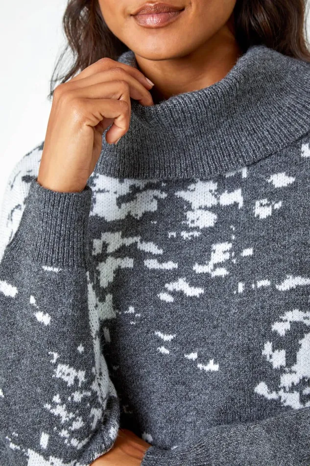 Women Dark Grey Abstract Print Cowl Neck Jumper Dress Roman Dresses