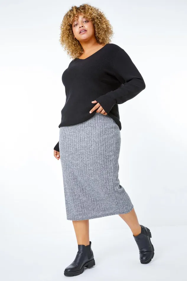Women Dark Grey Curve Ribbed Pull On Elastic Waist Midi Skirt Roman Skirts