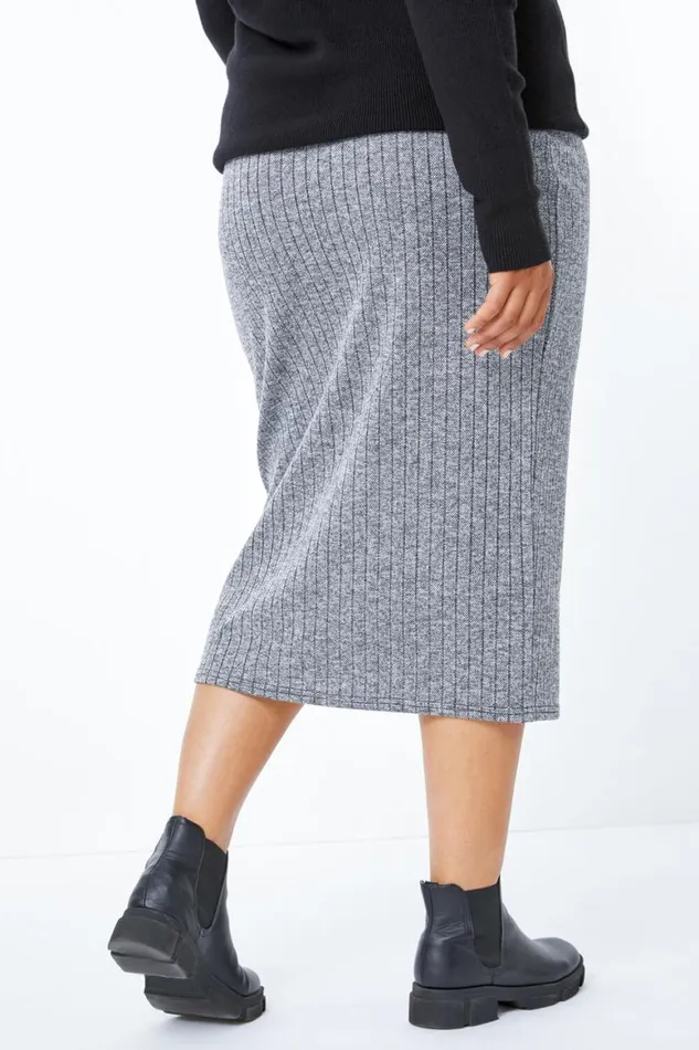 Women Dark Grey Curve Ribbed Pull On Elastic Waist Midi Skirt Roman Skirts