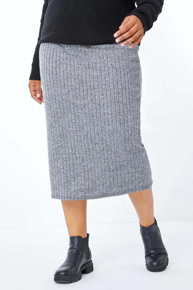 Women Dark Grey Curve Ribbed Pull On Elastic Waist Midi Skirt Roman Skirts