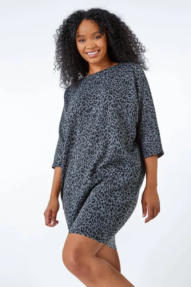 Women Dark Grey Petite Leopard Print Slouch Dress Roman Dresses