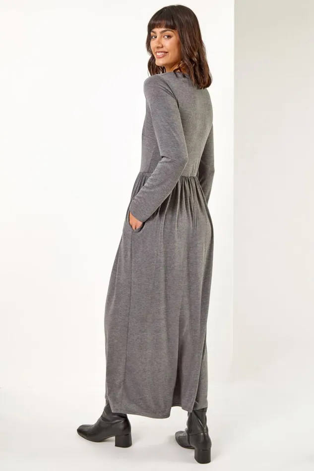 Women Dark Grey Pocket Stretch Maxi Dress Roman Dresses