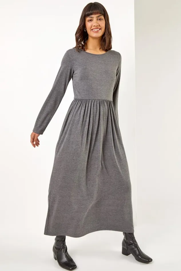 Women Dark Grey Pocket Stretch Maxi Dress Roman Dresses