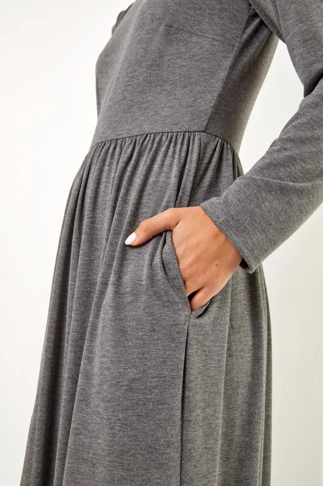Women Dark Grey Pocket Stretch Maxi Dress Roman Dresses