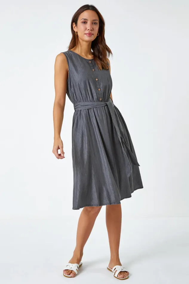 Women Dark Grey Sleeveless Belted Cotton Dress Roman Dresses