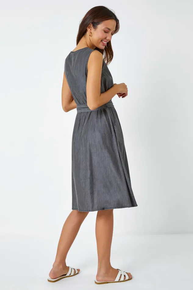 Women Dark Grey Sleeveless Belted Cotton Dress Roman Dresses