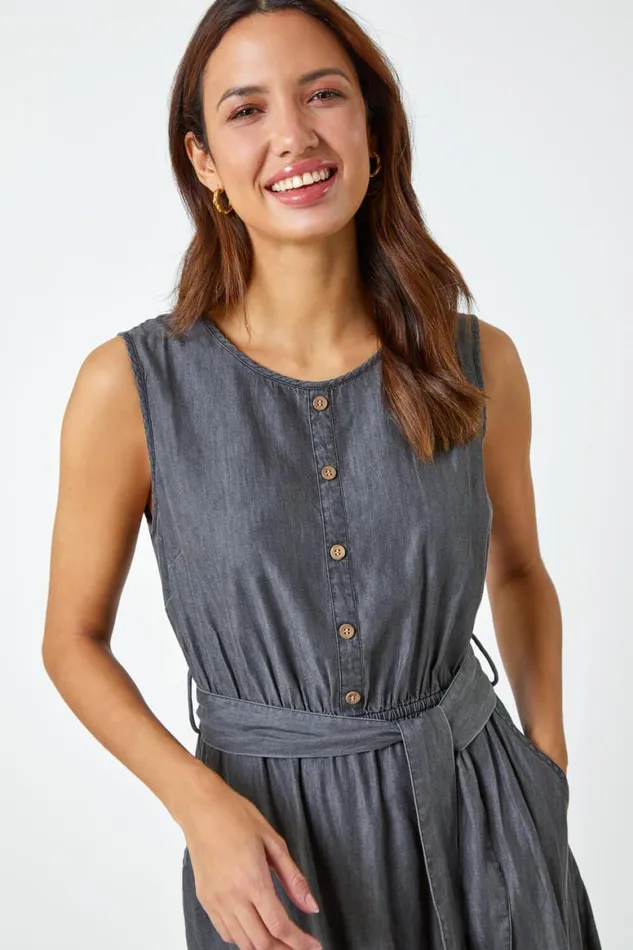 Women Dark Grey Sleeveless Belted Cotton Dress Roman Dresses