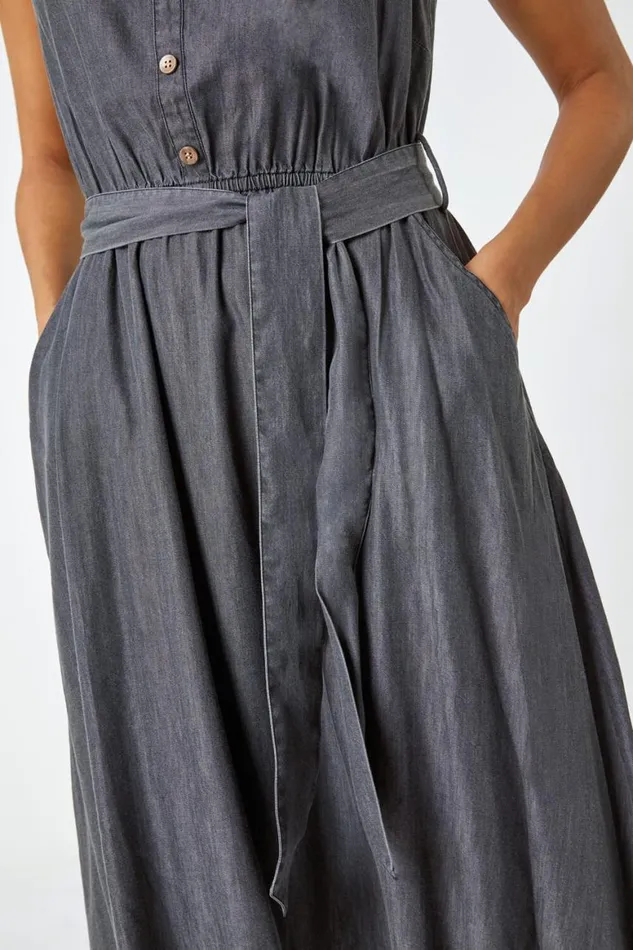 Women Dark Grey Sleeveless Belted Cotton Dress Roman Dresses
