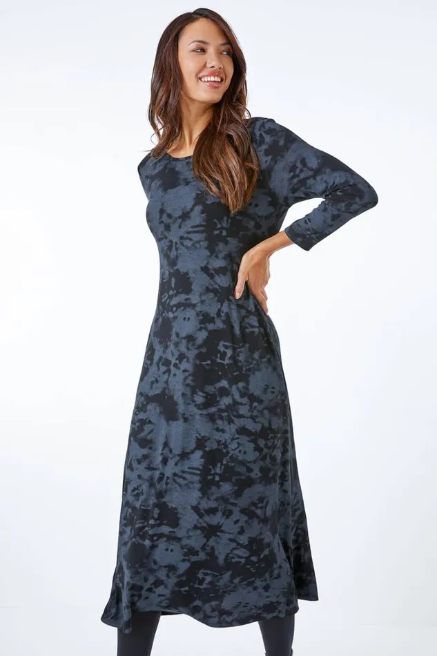 Women Dark Grey Tie Dye Pocket Jersey Midi Dress Roman Dresses