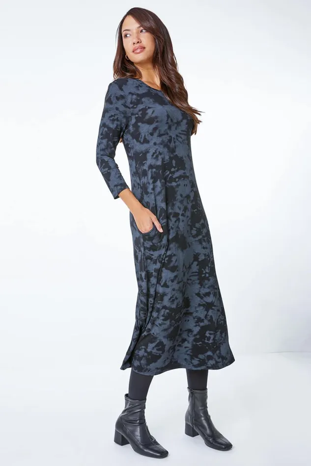 Women Dark Grey Tie Dye Pocket Jersey Midi Dress Roman Dresses