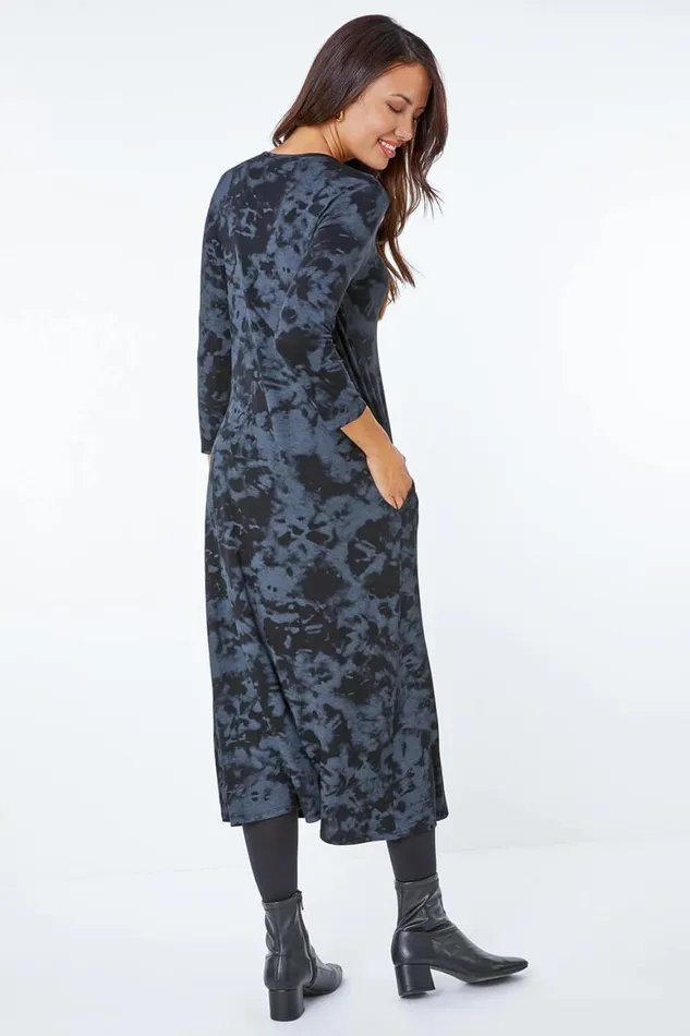 Women Dark Grey Tie Dye Pocket Jersey Midi Dress Roman Dresses