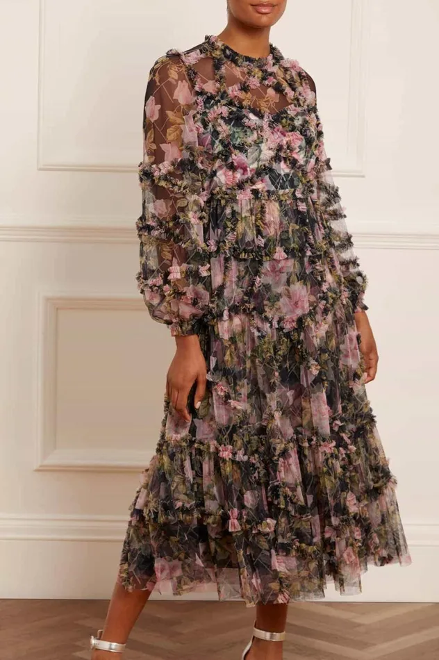 Women Day Dresses Needle and Thread English Rose Diamond Ruffle Ballerina Dress Black
