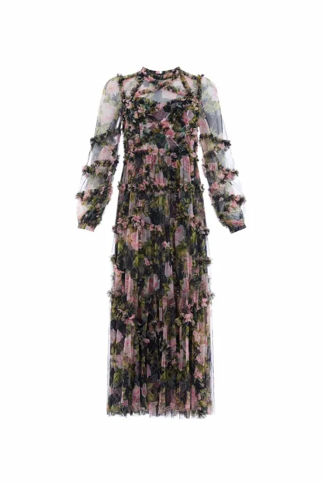 Women Day Dresses Needle and Thread English Rose Diamond Ruffle Ballerina Dress Black