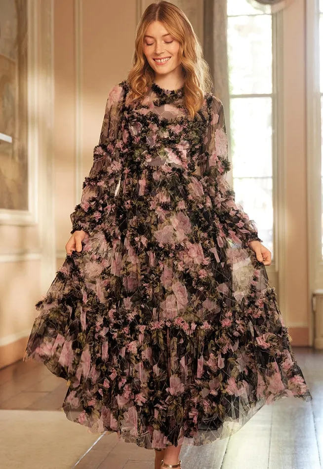 Women Day Dresses Needle and Thread English Rose Diamond Ruffle Ballerina Dress Black