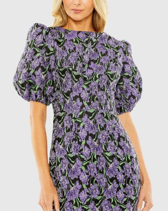 Women Daytime Dresses Mac Duggal Bubble Sleeve Brocade Mini Dress Purple Multi