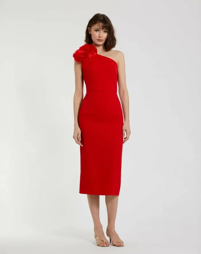 Women Daytime Dresses Mac Duggal Crepe One Shoulder Midi Dress With Flower Cherry