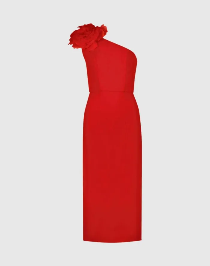Women Daytime Dresses Mac Duggal Crepe One Shoulder Midi Dress With Flower Cherry