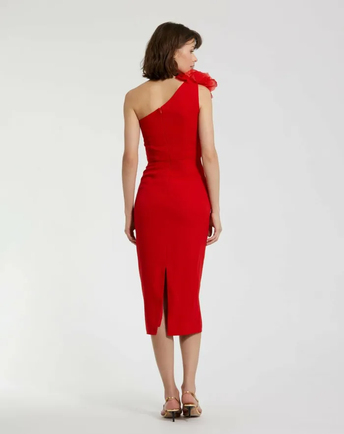 Women Daytime Dresses Mac Duggal Crepe One Shoulder Midi Dress With Flower Cherry