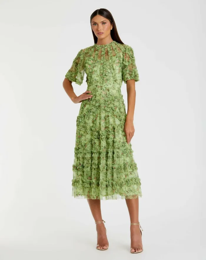 Women Daytime Dresses Mac Duggal Floral Flutter Sleeve Mesh Print Dress Sage Multi