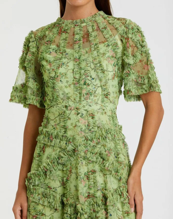 Women Daytime Dresses Mac Duggal Floral Flutter Sleeve Mesh Print Dress Sage Multi