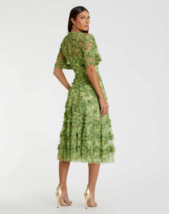 Women Daytime Dresses Mac Duggal Floral Flutter Sleeve Mesh Print Dress Sage Multi