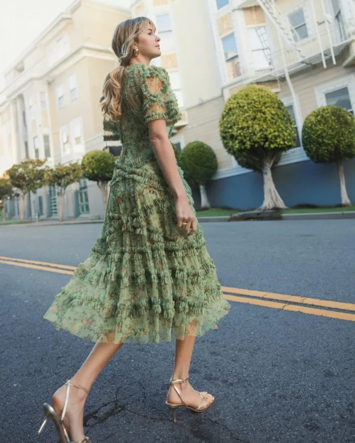 Women Daytime Dresses Mac Duggal Floral Flutter Sleeve Mesh Print Dress Sage Multi