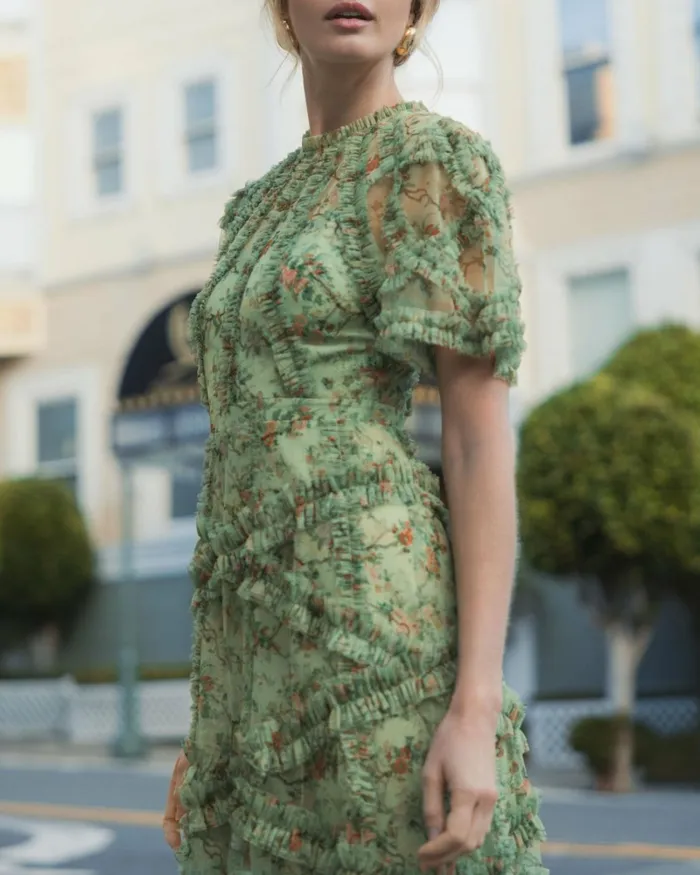 Women Daytime Dresses Mac Duggal Floral Flutter Sleeve Mesh Print Dress Sage Multi