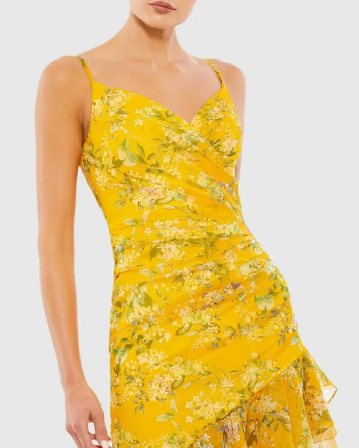 Women Daytime Dresses Mac Duggal Floral Ruffle Asymmetrical Hi Low Hem Dress Yellow Multi
