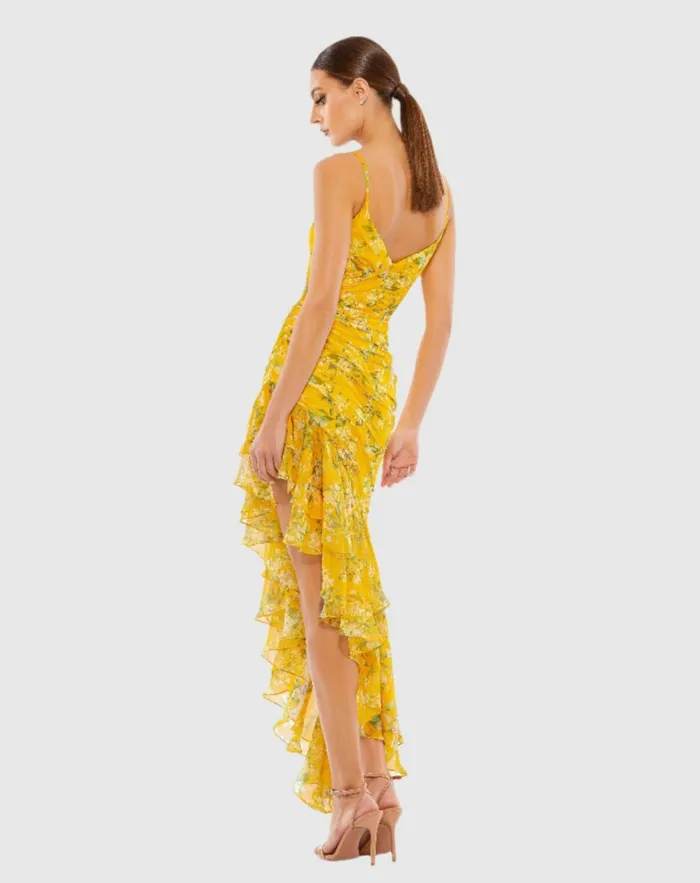 Women Daytime Dresses Mac Duggal Floral Ruffle Asymmetrical Hi Low Hem Dress Yellow Multi