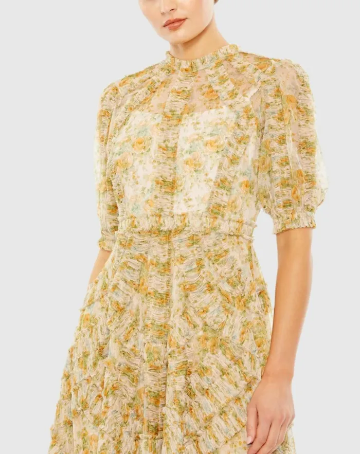 Women Daytime Dresses Mac Duggal Mesh Puff Sleeve Floral Print Dress Yellow Multi