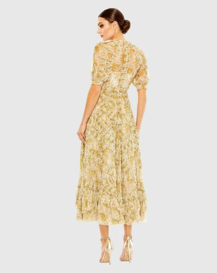 Women Daytime Dresses Mac Duggal Mesh Puff Sleeve Floral Print Dress Yellow Multi