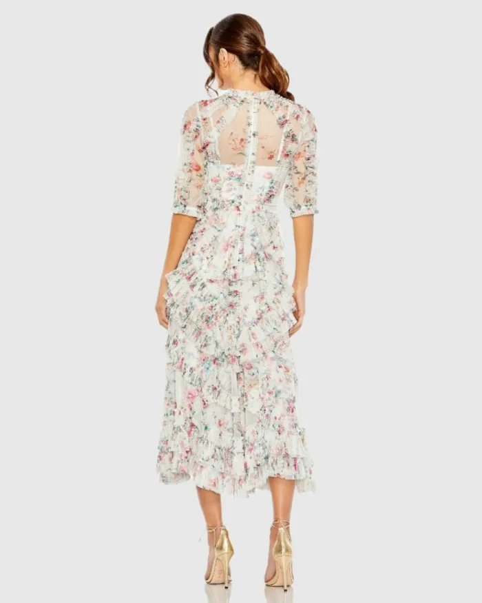 Women Daytime Dresses Mac Duggal Mesh Puff Sleeve Floral Print Dress Yellow Multi