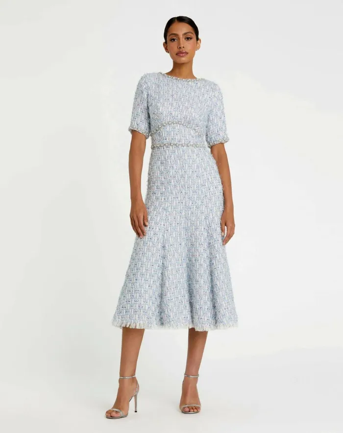 Women Daytime Dresses Mac Duggal Short Sleeve Beaded Trim Boucle Midi Dress Blue Multi