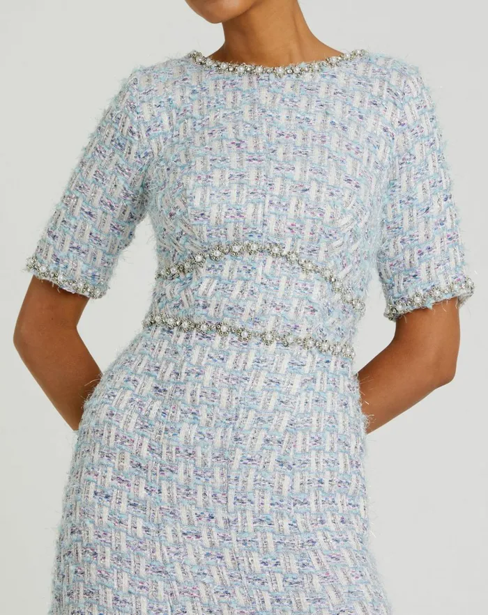 Women Daytime Dresses Mac Duggal Short Sleeve Beaded Trim Boucle Midi Dress Blue Multi