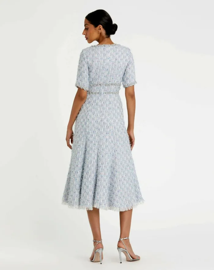 Women Daytime Dresses Mac Duggal Short Sleeve Beaded Trim Boucle Midi Dress Blue Multi