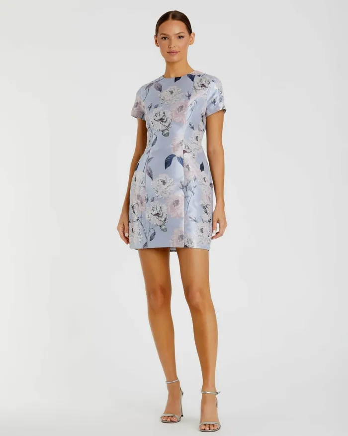 Women Daytime Dresses Mac Duggal Short Sleeve Fitted Floral Mini Dress Blue Multi
